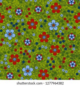 Seamless pattern consisting of symbolic five-petal flowers.
Background consisting of translucent sieves located randomly.