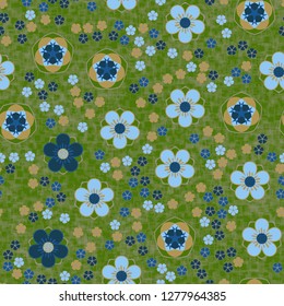 Seamless pattern consisting of symbolic five-petal flowers.
Background consisting of translucent sieves located randomly.
