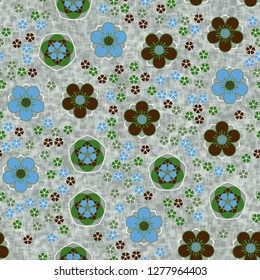 Seamless pattern consisting of symbolic five-petal flowers.
Background consisting of translucent sieves located randomly.