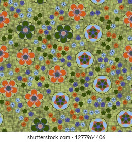 Seamless pattern consisting of symbolic five-petal flowers.
Background consisting of translucent sieves located randomly.