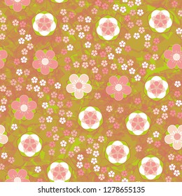 Seamless pattern consisting of symbolic five-petal flowers.
Translucent marble background.