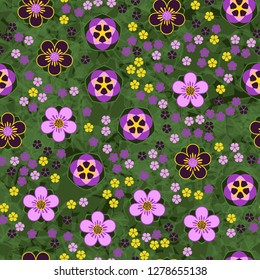 Seamless pattern consisting of symbolic five-petal flowers.
Translucent marble background.