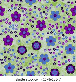 Seamless pattern consisting of symbolic five-petal flowers.
Translucent marble background.