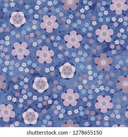 Seamless pattern consisting of symbolic five-petal flowers.
Translucent marble background.