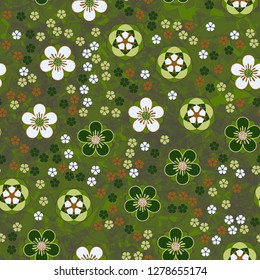 Seamless pattern consisting of symbolic five-petal flowers.
Translucent marble background.