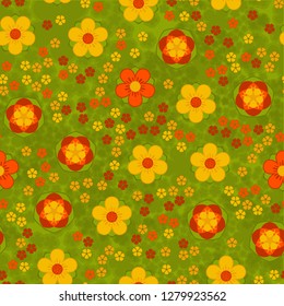 Seamless pattern consisting of symbolic five-petal flowers.
Background made up of translucent silhouettes of flowers.