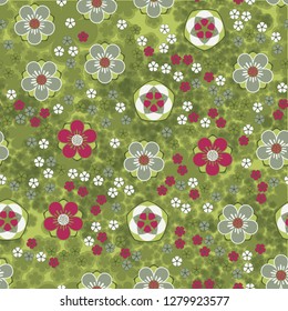 Seamless pattern consisting of symbolic five-petal flowers.
Background made up of translucent silhouettes of flowers.