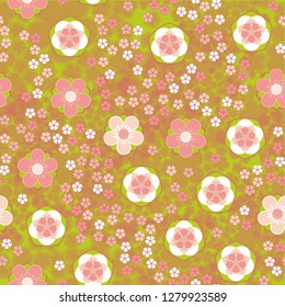 Seamless pattern consisting of symbolic five-petal flowers.
Background made up of translucent silhouettes of flowers.