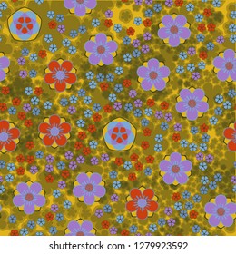 Seamless pattern consisting of symbolic five-petal flowers.
Background made up of translucent silhouettes of flowers.