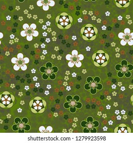 Seamless pattern consisting of symbolic five-petal flowers.
Background made up of translucent silhouettes of flowers.
