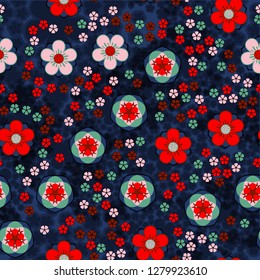 Seamless pattern consisting of symbolic five-petal flowers.
Background made up of translucent silhouettes of flowers.