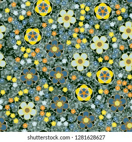 Seamless pattern consisting of symbolic five-petal flowers.
Background consisting of large and small translucent blots.