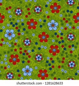 Seamless pattern consisting of symbolic five-petal flowers.
Background consisting of large and small translucent blots.