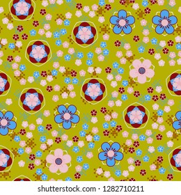 Seamless pattern consisting of symbolic five-petal flowers.
The background texture consists of groups of squares. Just for editing.