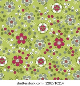 Seamless pattern consisting of symbolic five-petal flowers.
The background texture consists of groups of squares. Just for editing.