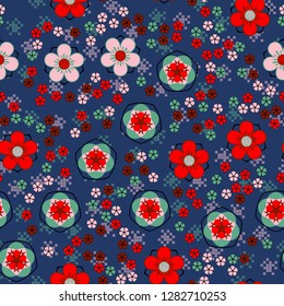 Seamless pattern consisting of symbolic five-petal flowers.
The background texture consists of groups of squares. Just for editing.