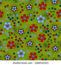 Seamless pattern consisting of symbolic five-petal flowers.
Background consisting of small diamond-shaped elements. Easy to edit.