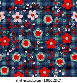 Seamless pattern consisting of symbolic five-petal flowers.
Background consisting of small diamond-shaped elements. Easy to edit.