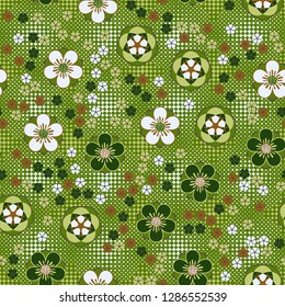 Seamless pattern consisting of symbolic five-petal flowers.
Background consisting of small diamond-shaped elements. Easy to edit.