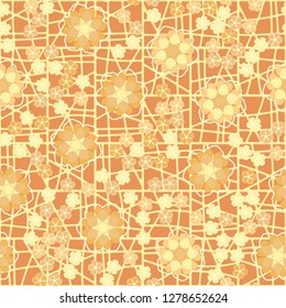 Seamless pattern consisting of symbolic  flowers.  
Background consisting of a lattice.