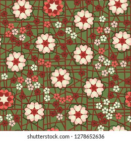 Seamless pattern consisting of symbolic  flowers.  
Background consisting of a lattice.