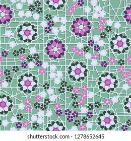 Seamless pattern consisting of symbolic  flowers.  
Background consisting of a lattice.