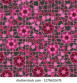 Seamless pattern consisting of symbolic  flowers.  
Background consisting of a lattice.