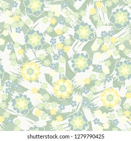 Seamless pattern consisting of symbolic  flowers.  
Background of stripes and strokes.