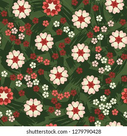 Seamless pattern consisting of symbolic  flowers.  
Background of stripes and strokes.