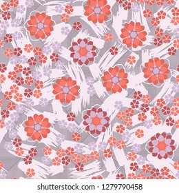 Seamless pattern consisting of symbolic  flowers.  
Background of stripes and strokes.