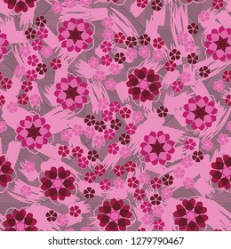 Seamless pattern consisting of symbolic  flowers.  
Background of stripes and strokes.