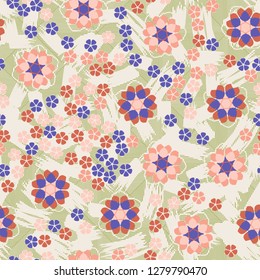 Seamless pattern consisting of symbolic  flowers.  
Background of stripes and strokes.