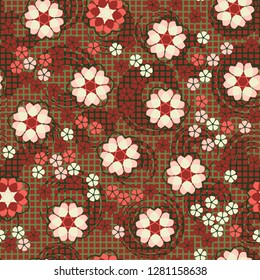 Seamless pattern consisting of symbolic  flowers.  
Background consisting of squares and circular strokes with a brush.