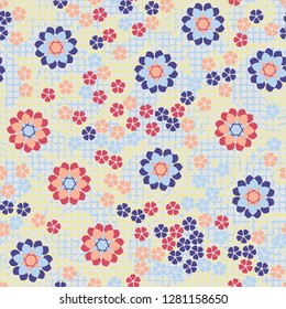 Seamless pattern consisting of symbolic  flowers.  
Background consisting of squares and circular strokes with a brush.