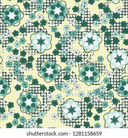 Seamless pattern consisting of symbolic  flowers.  
Background consisting of squares and circular strokes with a brush.