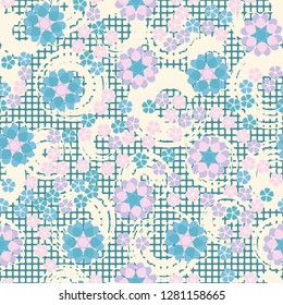 Seamless pattern consisting of symbolic  flowers.  
Background consisting of squares and circular strokes with a brush.