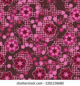 Seamless pattern consisting of symbolic  flowers.  
Background consisting of squares and circular strokes with a brush.