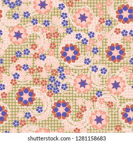 Seamless pattern consisting of symbolic  flowers.  
Background consisting of squares and circular strokes with a brush.