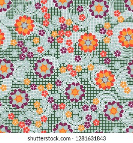 Seamless pattern consisting of symbolic  flowers.  
Background consisting of squares and circular strokes with a brush.