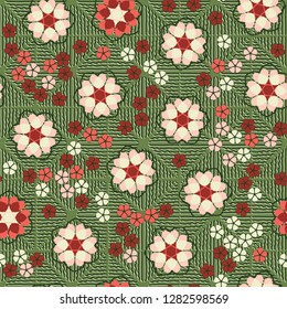 Seamless pattern consisting of symbolic  flowers.
The background texture consists of wavy lines. Just for editing. 