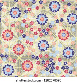 Seamless pattern consisting of symbolic  flowers.
The background texture consists of wavy lines. Just for editing. 