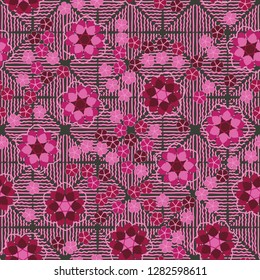 Seamless pattern consisting of symbolic  flowers.
The background texture consists of wavy lines. Just for editing. 