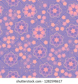 Seamless pattern consisting of symbolic  flowers.
The background texture consists of wavy lines. Just for editing. 