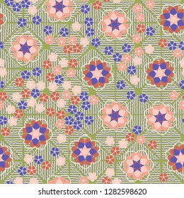 Seamless pattern consisting of symbolic  flowers.
The background texture consists of wavy lines. Just for editing. 