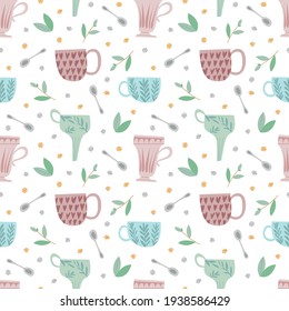 Seamless pattern consisting of tea cups, spoons and lumps of sugar