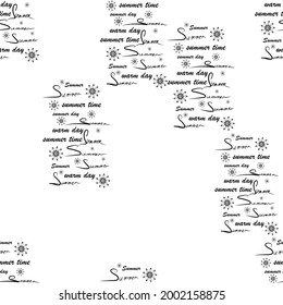 seamless pattern consisting of text about summer in black and white tones for prints on fabrics, packaging, summer T-shirts, dresses and also for interior decoration