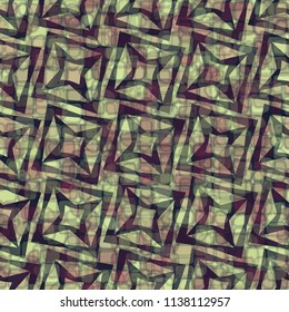A seamless pattern consisting of translucent overlapping color spots with translucent contours. Against the backdrop of a texture made of squares with four-pointed stars inscribed in them.