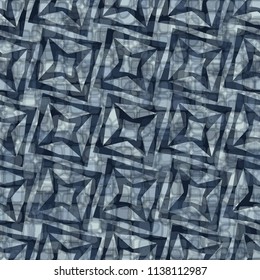 A seamless pattern consisting of translucent overlapping color spots with translucent contours. Against the backdrop of a texture made of squares with four-pointed stars inscribed in them.