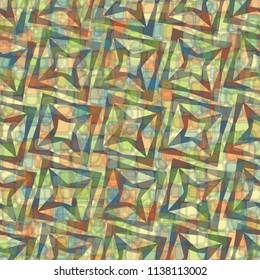 A seamless pattern consisting of translucent overlapping color spots with translucent contours. Against the backdrop of a texture made of squares with four-pointed stars inscribed in them.
