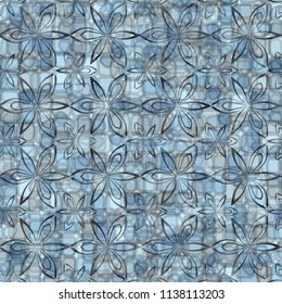 A seamless pattern consisting of translucent overlapping color spots with translucent contours.
Against the background of a texture made of symbolic flowers.